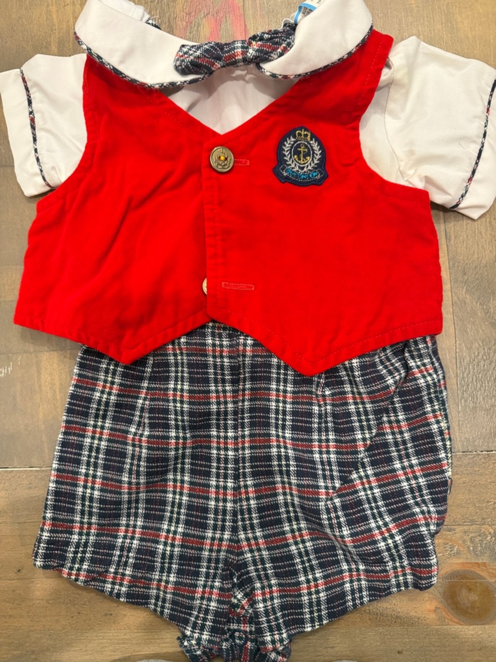 Vintage Red Plaid Toddler Matching Romper Set with Nautical Crest